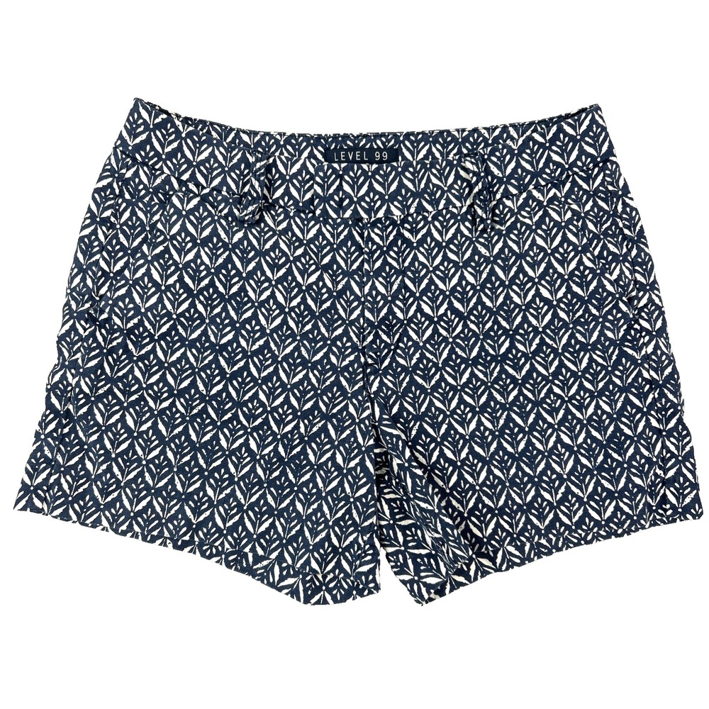 Level 99 Women's Shorts 28 inch Waist Blue Geometric Stretch Mid Rise 4" Inseam‎